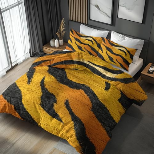 Generisch Bettwäsche 135x200 Tiger Muster, Weiche Bügelfreie Mikrofaser Bettbezug Set 2tlg, Tierhaut Muster Schlafzimmer Deko, 1 Kissenbezug 80x80, mit Reißverschluss FAV114