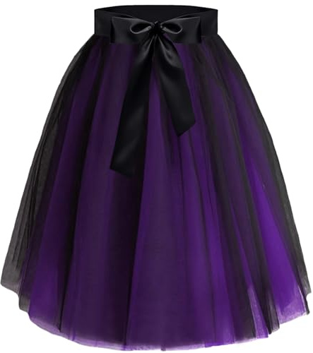 YOUYIKE Falda de Tul Mujer, 65cm Larga Disfraz Carnaval Falda Tutu Bruja 5 Pisos con Lazo de Cinta Cintura Elástica Talla única Faldas Mujer para Halloween Fiesta Boda (Negro púrpura)