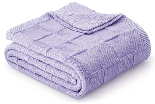 Whale Flotilla Checkered Knit Throw Blanket for Sofa, Light Purple | 130x150 CM, Lightweight Cozy Breathable Throws for Spring Summer, Acrylic Knitted Decorative Blanket for Bed, Chair Couch