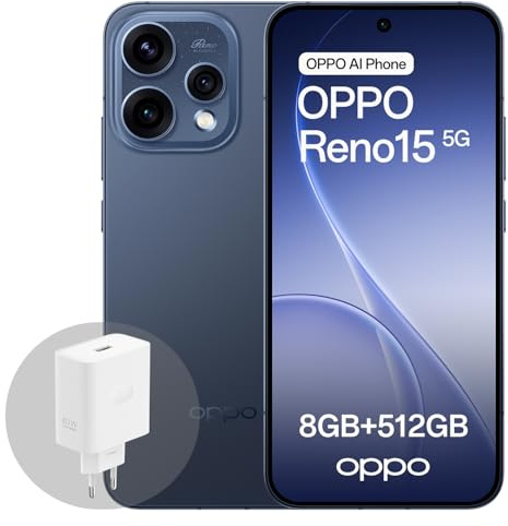 OPPO Reno15 5G Smartphone Android, 8+512GB, Pantalla AMOLED de 6.59 120Hz HDR10+, Retrato Telefoto Vibe 3.5X, Batería 6500mAh, Snapdragon 7 Gen 4, IP69, con Cargador 80W SUPERVOOC, Negro Crepúsculo