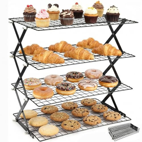 Exquilnova 4 Tier Foldable Cooling Racks for Baking,43 X 45CM Collapsible Cake Cooling Rack,X Shaped Baking Cooling Rack,Space Saving Wire Rack for Muffin,Cookies,Pizza,Bread,Grilling