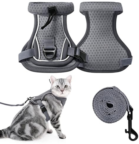 Katzenleine mit Geschirr,Inklusive Leine Katzen Geschirr Set,Weich und Bequem mit Reflektierenden Streifen,Outdoor-Aktivitäten für Katzen(Grau,M)