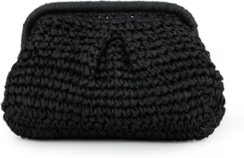 Bolso de mano de paja para mujer, bolsa de bola de masa hervida, bolsa cruzada de paja, bolso de hombro para verano, playa, bolso tejido negro