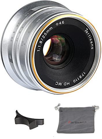 7artisans F1.8 - Lente Fija de Enfoque Manual para cámaras Olympus y Panasonic Micro Four Thirds MFTM4/3, 25 mm, Color Plateado