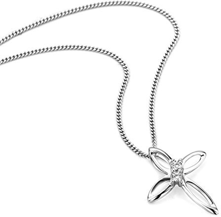 OROVI Kette - Halskette Damen Kette mit Kreuz Weißgold 9 Karat / 375 Gold Diamant Brillianten 0,05 ct 45 cm