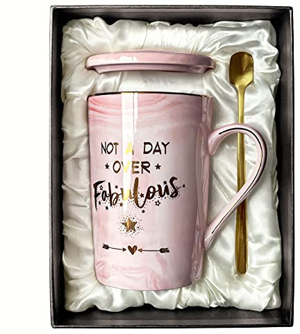 Dubbelval gåvor för kvinnor födelsedag inte en dag över fantastisk mugg födelsedagspresenter till henne, kvinna, bästa vänner, fru, mamma, dotter, syster, 396 ml marmor keramisk kaffe cug med sked