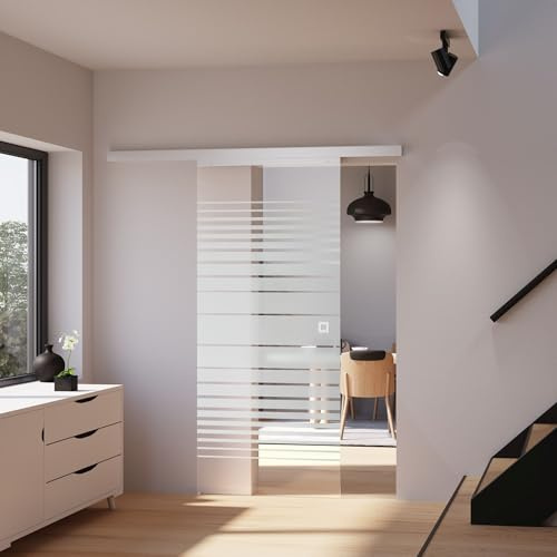 inova Glas-Schiebetür 880 x 2035 mm streifen Design Alu Komplettset mit Lauf-Schiene und Quadratgriff inkl. beidseitigem Softlcose