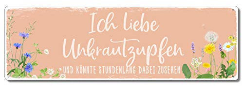 Interluxe Metallschild - Ich Liebe Unkrautzupfen - lustiges Gartenschild mit Spruch, wetterfest für Balkon, Terrasse und Garten
