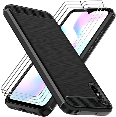 ivoler Funda para Xiaomi Redmi 9A / Xiaomi Redmi 9AT con 3 Piezas Cristal Templado, [Protección Militar] Carcasa Protectora Antigolpes, Fina Suave TPU Silicona Caso Anti-Choques Case, Negro