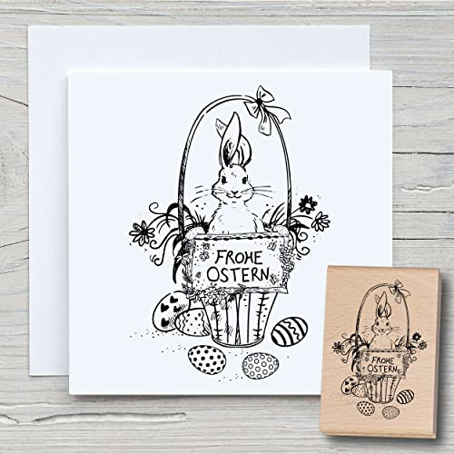 NEWSTAMPS Stempel Frohe Ostern Hasenkorb Motivstempel groß aus Holz & Gummi zum Karten und Geschenke basteln, Holzstempel für Ostern, Osterhase, Scrapbook, Textilstempel, Deko, Kinder