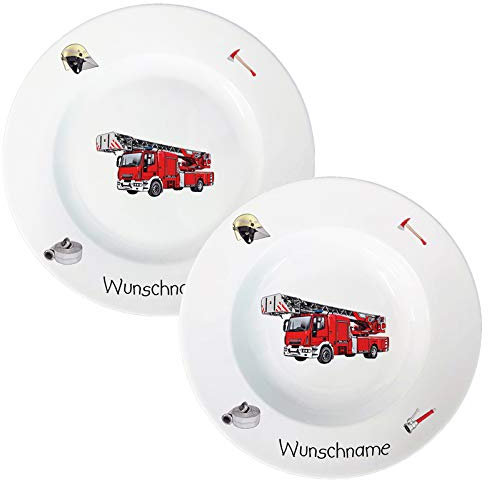 Kindergeschirr Speiseservice 2-tlg. Suppenteller und Speiseteller Kinder Service Set aus Porzellan personalisierbar mit Wunschname Name Kindergeschirr mit Namen personalisiert (Feuerwehr)