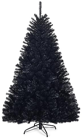 COSTWAY Albero di Natale Nero 180/225 cm, Albero di Natale Artificiale con 1036/1258 Rami Folti e Base di Metallo con Cuscinetti Antiscivolo, Ideale per Halloween e Natale (180x Ø112cm)
