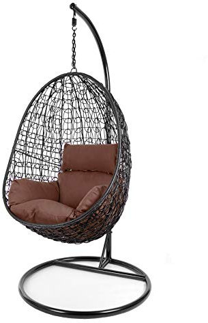 Kideo Komplettset: Hängesessel mit Gestell & Kissen, Poly-Rattan, Schaukel, Lounge (Gestell- und Korbfarbe: schwarz, Kissen: Dunkelbraun Nest (7790 Chocolate))