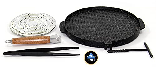 Masterhome Padella Sirio Gold, Bistecchiera Doppia cottura, Lato Grill e Liscio, Antiaderente in Pietra Laviga + Spargifiamma e accessori, Manico smontabile Made In Italy (32 cm)