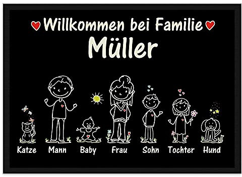 Fußmatte selbst gestalten - Familien Namen 1,2 oder 3 Kinder, Hund, Katze- Willkommen - individuell bedruckt - Strichmännchen, Geschenk Einzug, Richtfest, Geburtstag I Personalisiert, 75 x 50 cm