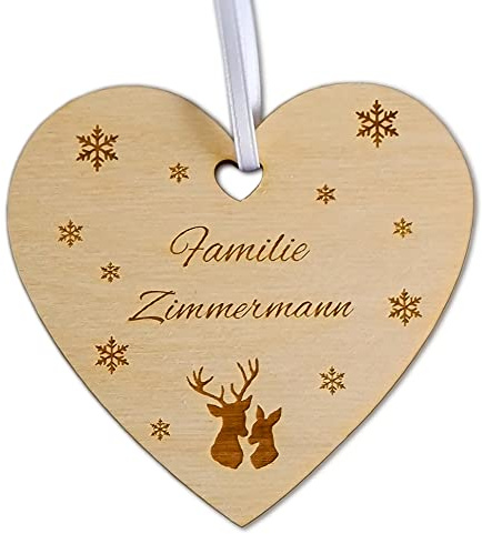Personalisierte Weihnachtskugel Familie - Besondere Weihnachtskugeln mit Namen - Christbaumkugel Herz - Weihnachtskugel aus Holz