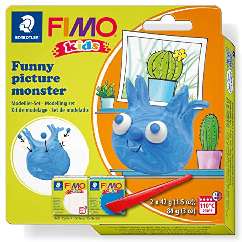 STAEDTLER Modellierset picture monster FIMO kids, speziell für Kinder - einfach umzusetzen mit Schritt für Schritt Anleitung, 2 FIMO kids Blöcke, Modellierstab, 8035 24
