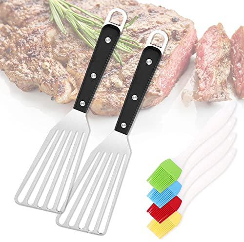 2 Stück Edelstahl-Fischspatel, geschlitzte Fisch-Grillwender-Schaufel aus Metall mit genietetem Griff und 4 Backbürsten, hitzebeständiger Antihaft-Fischspatel zum Kochen von Fischeiern, Fleischgrillen