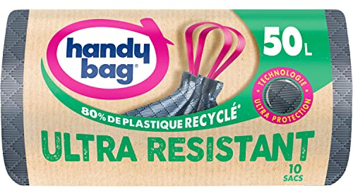 Handy Bag Sacs poubelle à poignées coulissantes Ultra Résistant & Fond anti-fuite, 100% plastique recyclé, 1 rouleau de 10 sacs poubelle 50L