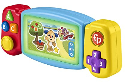Fisher-Price Ríe y Aprende Videoconsola Gira y aprende, Juguete Interactivo de Aprendizaje con Luces y Sonidos, bebés +9 Meses, versión español + portugués + Italiano + inglés (HNL52)