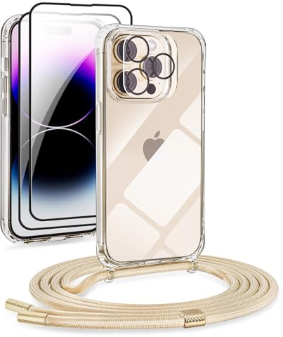 DiDaDi [5 in 1 Handykette Set für iPhone 11 Pro Max Hülle mit Band+Transparent Schutzhülle+Schutzfolie+kameraschutz Glas, Abnehmbar Necklace Stylische Handyhülle zum Umhängen Kordel Case (Gold)