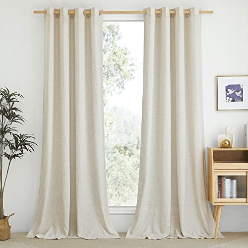 PONY DANCE Linen Curtains 96 Drop Pair, Extra Long Eyelet Top Flax Window Treatment Panels for Living Room/Kitchen/Bedroom Decoration, Natural, 55 Inches Width, Set of 2
