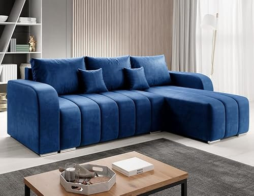 MODERNO Pufetto Ecksofa mit Schlaffunktion Bettzeugbehälter, Eckcouch Schlafsofa Wohnzimmer Schlafzimmer, Möbel Sofas & Couches, Sofa Schlafcouch Couch Velours Blau 86x245x147cm