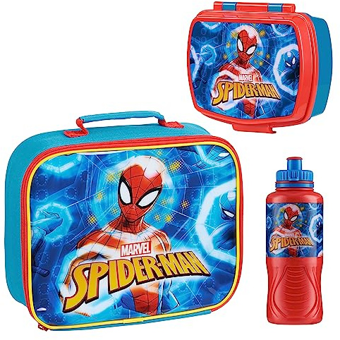 Marvel Spiderman 3-Piece Kids Lunch Box Set, Insulated Bag, Snack Box, BPA-Free 14.5 fl oz Water Bottle, Gifts for Kids, Boys (Multicolor Spiderman)