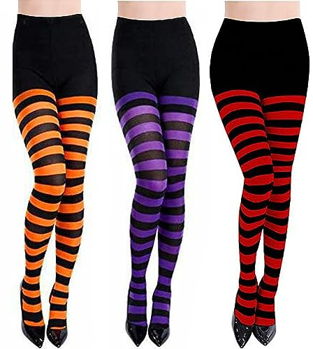 MFUOE 3 par halloween randiga tights halloween kostym tights helfot strumpbyxor randiga höga strumpor för halloween fin klänning, Svart, One Size Tall