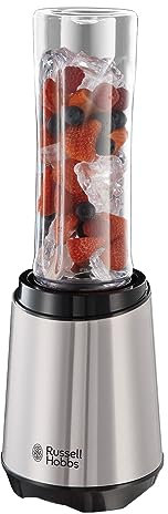 Russell Hobbs Batidora de Vaso Individual Mix & Go, Batidora Smoothie, Mini Batidora para Zumos, Batidos, Gazpachos, Vaso de 600 ml, Tapa, sin BPA, Pies Antideslizantes, Acero Inoxidable, 23472-56