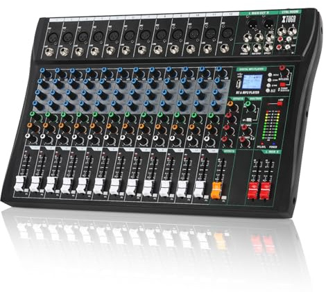 XTUGA Mezclador de 120 canales de 12 canales, controlador de sonido profesional, interfaz de audio con efectos digitales, entrada RCA Phantom Power de 48 V y conectividad XLR para estudio de grabación