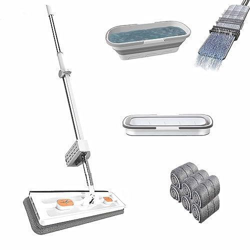 CLOUDEMO Roseionly Trapeador Plano Grande, Juego de Trapeador Plano con Cubo, Trapeador de Mango Largo de Acero Inoxidable con 6 Almohadillas de Microfibra Reutilizables (White)