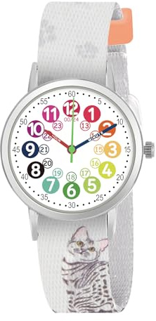 CHAOTECHY Kinderuhr für Mädchen und Jungens. Kleine Kinder Lernen die Zeit kennen und leicht zu lesen. Justierbares Nylon Armband, Analog Uhr für Jungens und Mädchen zwischen 4 bis 11 Jahren (Katze)