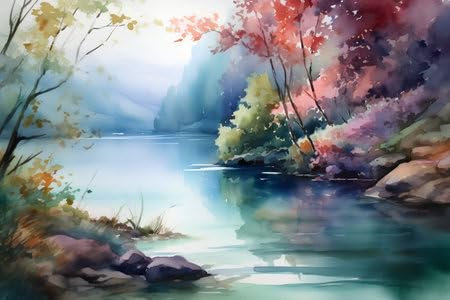 adrium Acryl-Bild 50 x 30 cm: Aquarell Herbstlandschaft mit Fluss und Wald. Digitale Kunstmalerei. (205116251)