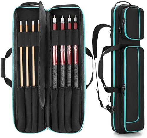 GOBUROS 4x4 Billard Queue Koffer für bis zu 4 Unterteile und 4 Schäfte, Pool Stick Tragetasche mit Zubehörtaschen vorne, Billard Queue Tasche mit Schultergurten (Grün)
