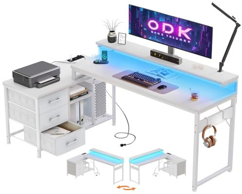 ODK Schreibtisch L Form mit Schubladen, 174x100cm Eckschreibtisch Weiß mit Regal Reversibler, Gaming Tisch mit LED & Monitorständer, Computertisch Bürotisch für Arbeitszimmer Schlafzimmer