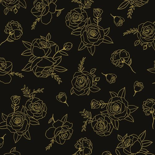 Fvlow Gold Rose Peel and Stick Wallpaper Vintage Black Floral Vinyl Wrap Kitchen Worktop Covering Vinyl Self Adhesive Thick Leaf Wallpaper for Bedroom Furniture Sticker Décor 44.5cmx300cm