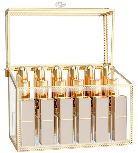 CoralHouse Lipstick Organizer,Luxury Tempered Glass Lipstick Holder & Nail Polish Organizer, 18-Slot Vanity Cosmetic Organizer with Removable Dividers, Gold