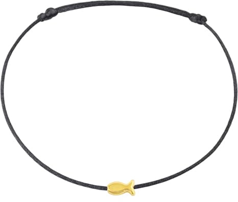 Selfmade Jewelry Fußkettchen Damen Fisch Silber Größenverstellbares Fußbändchen mit Fischchen Handgemacht Inkl. Geschenk-Verpackung (Silber - Schwarz)
