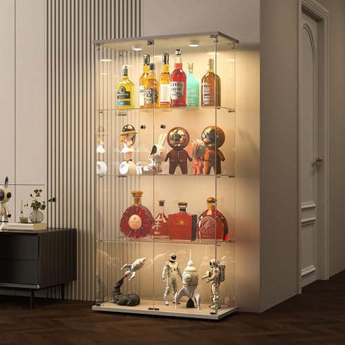 Vetrinetta in Vetro,Vetrinetta Espositiva LED RGB a 7colori,Vetrina Soggiorno Moderna con 4 Ripiani in Vetro con 2Porta e Serratura,Vetrine per Collezionismo,164x80.5×36.5cm,Vetrina negozio,Bianco