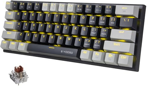 E-Yooso 60% mechanische Tastatur,Ultra-kompakte Gaming-Tastatur mit solidem gelben Beleuchtung,Mini 61 Tasten Anti-Ghosting,Typ-C-Datenkabel,US Layout (schwarz grau, braun Schalter)