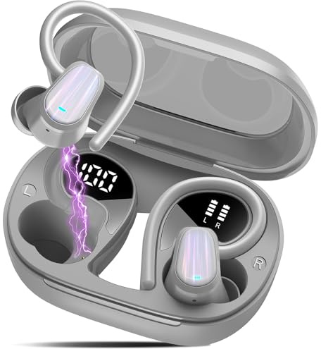 OYIB Wireless Earbuds Sport, Bluetooth 5.4 Headphones Running Wireless Earphones In-Ear with ENC Mic, 50H Playtime Wireless Headphones with Mini LED Display Charge Case, IP7 Waterproof Headset Grey