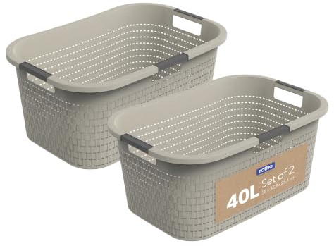 Rotho Country Wäschekorb 40 L 2er-Set mit drei Griffen Rattan-Optik Beige | Country Wäschekorb 40 L, 2er-Set, 3 Tragegriffe für einhändiges Tragen, Rattan-Optik, Belüftung auf vier Seiten, Beige