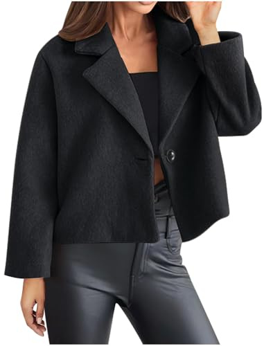 Klijuiaup Vestes courtes en laine tweed pour femme - Blazer décontracté business - Col rabattu - Un bouton ouverture devant - Manteau d'automne et d'hiver élégant - Vêtements d'extérieur - Noir