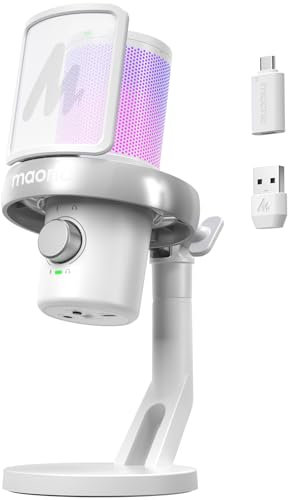 MAONO Microfono Inalambrico para PC, Microfono PC con Cambiador de Voz con IA, Cancelación de Ruido de 3 Niveles, Luz RGB Personalizada, para Juegos, Podcasting & Streaming, DM40 Pro Blanco