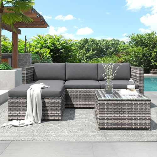 Jtyca Lounge Gartenmöbel Set, Poly Rattan Balkonmöbel Set, Ecksofa für Draußen, Outdoor Sofa mit Sitz- und Rückenkissen, Lounge-Tisch mit Glasplatte, Grau