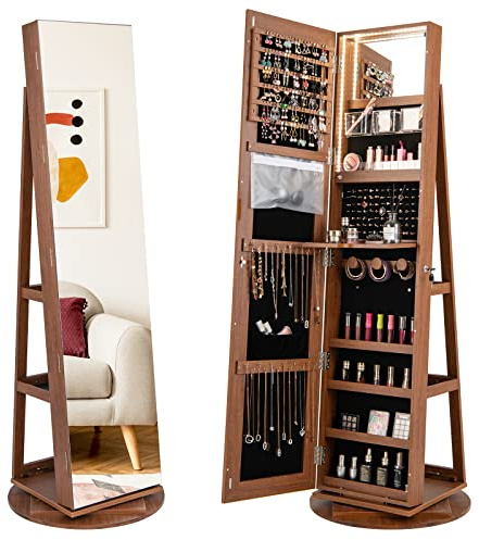 RELAX4LIFE 360° Swivel Jewellery Cabinet, Lockable Jewelry Armoire with Full-Length Mirror & 3-Color LED Lights, Freestanding Cosmetic Storage Organizer for Living Room Dressing Room (Brown) | with Full-Length Mirror & 3-Color LED Lights, Freestanding Cosmetic Storage Organizer for Living Room Dressing Room