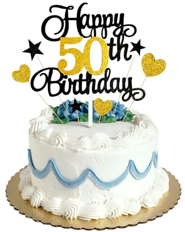 50th Happy Birthday Cake Topper Black Gold Glitter,Personalised Cake Toppers for Grandfather Grandmother Dad Mom Uncle Birthday Party Cake Decorations Kit with Star Heart Cupcake Topper
