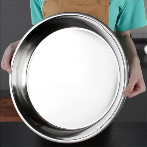 AHUFGN Assiette INOX Grand Plateau Plat Rond épais en Acier Inoxydable, Assiettes de présentation, Plateau de Service argenté, Assiette Creuse en métal for gâteau(50cm x H6.5cm)