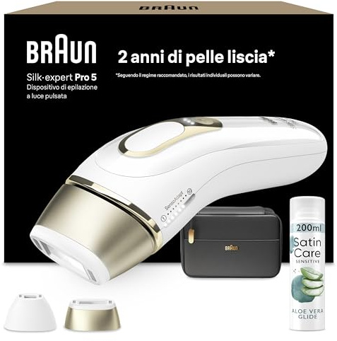 Braun Silk·Expert Pro 5 Epilatore Luce Pulsata, Epilazione a Casa, Alternativa All’epilazione Laser, con Custodia, 2 Testine, Idea Regalo, Bianco/oro, Pl5140 e Satin Care Gel per Depilazione Aloe Vera